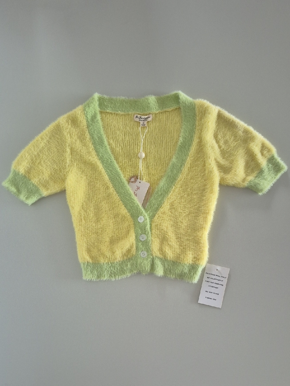 For Love And Lemons Yellow and Light Green Fuzzy Cropped Cardigan